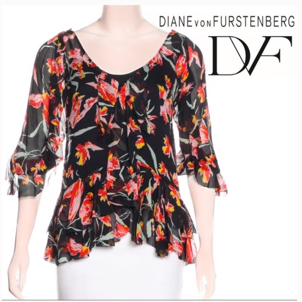 EUC Diane Von Furstenberg Black and Red Floral Blouse sz 4